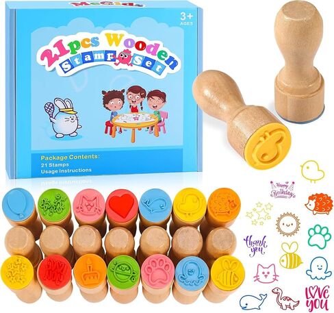 Stamps for Kids for Crafting Wooden Stamp Set 21PCS Educational Toy Gifts in Saudi Arabia