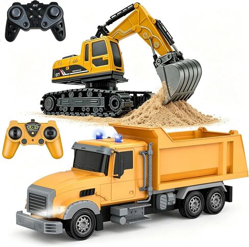 Remote Control Excavator and Dump Truck Toy Set, RC Excavator & RC Dump Truck with Lights and Sounds for Imaginative Play, Birthday Gifts for Toddlers Boys Girls in Kuwait