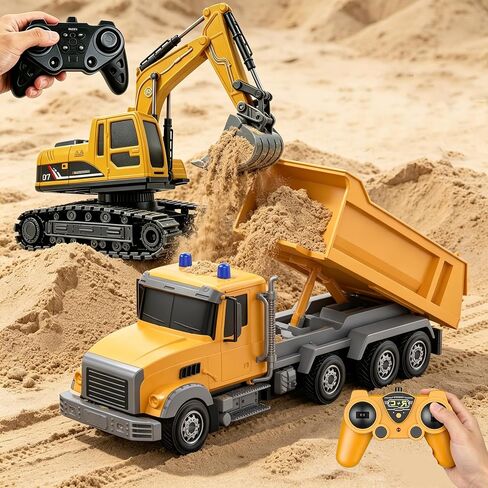 Remote Control Excavator and Dump Truck Toy Set, RC Excavator & RC Dump Truck with Lights and Sounds for Imaginative Play, Birthday Gifts for Toddlers Boys Girls in Kuwait