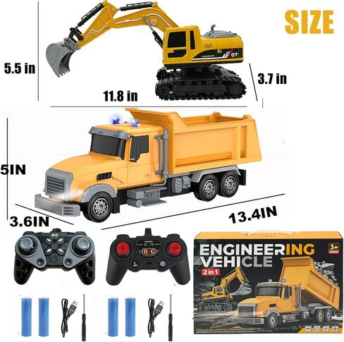 Remote Control Excavator and Dump Truck Toy Set, RC Excavator & RC Dump Truck with Lights and Sounds for Imaginative Play, Birthday Gifts for Toddlers Boys Girls in Kuwait