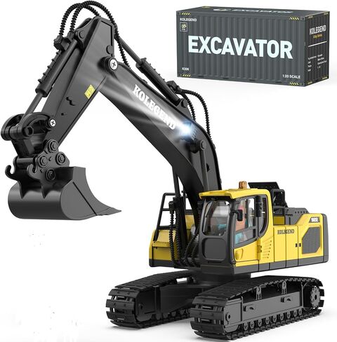 kolegend Remote Control Excavator Toy for Boy 2 Batteries- 1/20 Scale Remote Control Digger with Alloy Shovel, Infinitely Rotating Cab, Lights & Sounds - Gift for Kids Ages 6,7,8,9,10 in Saudi Arabia