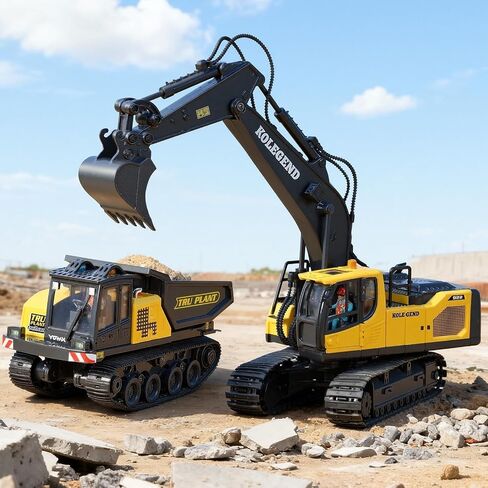kolegend Remote Control Excavator Toy for Boy 2 Batteries- 1/20 Scale Remote Control Digger with Alloy Shovel, Infinitely Rotating Cab, Lights & Sounds - Gift for Kids Ages 6,7,8,9,10 in Saudi Arabia
