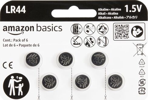 Amazon Basics 6-Pack LR44 Alkaline Button Cell Replacement Battery, 1.5 Volt, Long Lasting Power, Mercury-Free in Kuwait