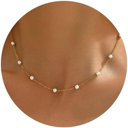 Havopso Dainty Pearl Choker Necklace 18K مطلية بالذهب قابل للتعديل اللؤلؤ مطرز سلسلة قلادة العروسة مجوهرات الزفاف هدية للنساء الفتيات in Kuwait
