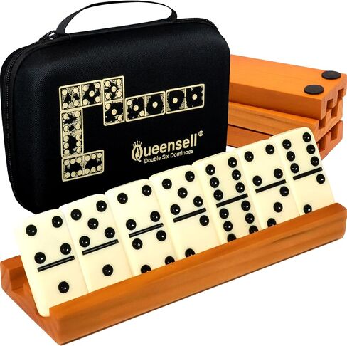 Queensell Dominos Set for Adults with 4 Domino Racks - Double 6 Dominoes Set with Domino Holder, Classic Board Games for Kids and Adults - Double Six Standard Dominos Set 28 Tiles with Travel Case in Saudi Arabia