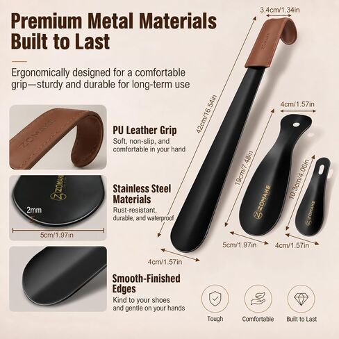 ZOMAKE Metal Shoe Horn,Long Handle Shoe Horn for Seniors 16.5" with 2pcs Travel Shoe Horn for Men Women-Kids in Kuwait