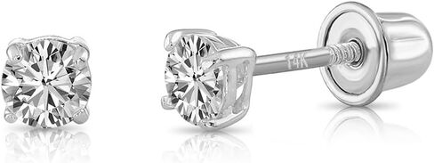 14k White Gold Solitaire Round Cubic Zirconia CZ Stud Earrings in Secure Screw-backs in Saudi Arabia