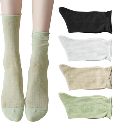 ZRYLIBYA Women Cute Roll Top Turn Cuff Slouch Socks Hollow Out Crochet Solid Casual Crew Socks 4 Pairs in Kuwait