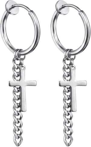 Xusamss Punk Titanium Steel Huggie Hinged Clip On Earrings Cross Long Chain Dangle Drop Earrings in Kuwait