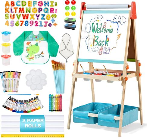 Purple Kids Art Easel Set, Wooden 3-in-1 Magnetic Whiteboard & Chalkboard in Kuwait
