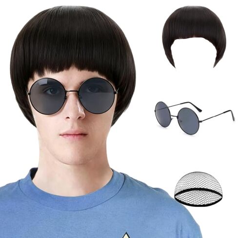 Short Black Luffy Cosplay Wig-80s Outfit For Men Synthetic Bowl Cut Mushroom Hair Anime Wigs Old Man Movie Party Halloween Vector Costume Wig (Black) in Kuwait