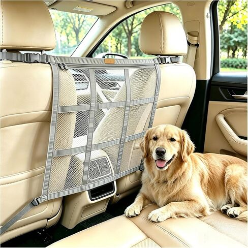 KINIVA Dog Car Barrier, Upgraded 22.4"x22.6" Pet Barrier for Cars, Heavy Duty Mesh Dog Net Between Front Seats, Double-Layer Pet Divider with Leather Logo, Universal Fit for SUV Sedan Trucks (Black) in Kuwait