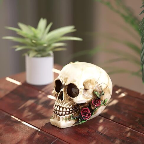 READAEER Human Skull with Rose Resin Statue Small Size Head Sculptures Skull Collectible Figurines in Kuwait