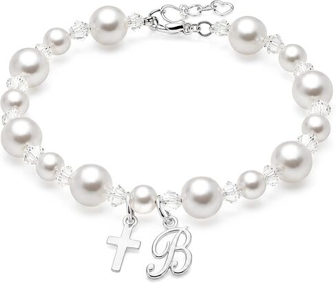 Baby Crystals Pearl Bracelets for Girls, Sterling Silver Cross Charm, Baptism Gifts for Girl, Girls Bracelet with European Crystals and simulated White Pearls, Girls Jewelry Birthday Gift in Saudi Arabia
