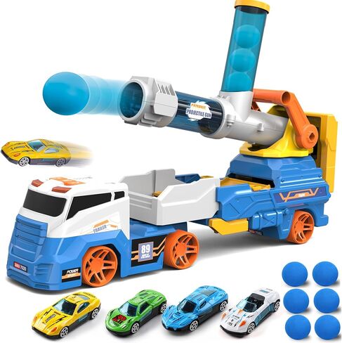 Dwi Dowellin Truck Toys for Kids, 28" Large Car Toys Include 4 Race Cars+6 Soft Foam Balls, with Light & Sounds, Eejection&Shooting Transport Trucks Toy, Gifts for Boys Girls 3 4 5 6 7 8+ Year Old in Saudi Arabia
