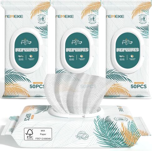200 Count Dog Wipes & Cat Wipes (4x50 Packs) | Hypoallergenic, pH Balanced for Paws, Body, Face & Grooming |All-Natural Plant Fiber Wipes with Aloe, Coconut Oil & Vitamin E |Pearl Texture in Kuwait