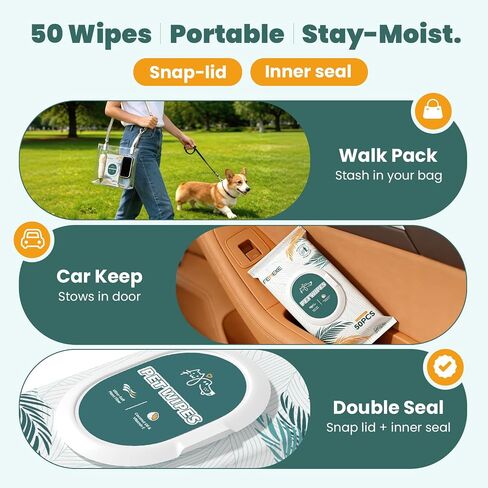 200 Count Dog Wipes & Cat Wipes (4x50 Packs) | Hypoallergenic, pH Balanced for Paws, Body, Face & Grooming |All-Natural Plant Fiber Wipes with Aloe, Coconut Oil & Vitamin E |Pearl Texture in Kuwait