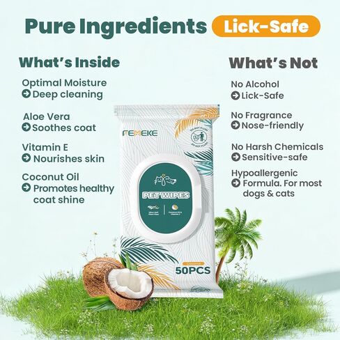 200 Count Dog Wipes & Cat Wipes (4x50 Packs) | Hypoallergenic, pH Balanced for Paws, Body, Face & Grooming |All-Natural Plant Fiber Wipes with Aloe, Coconut Oil & Vitamin E |Pearl Texture in Kuwait