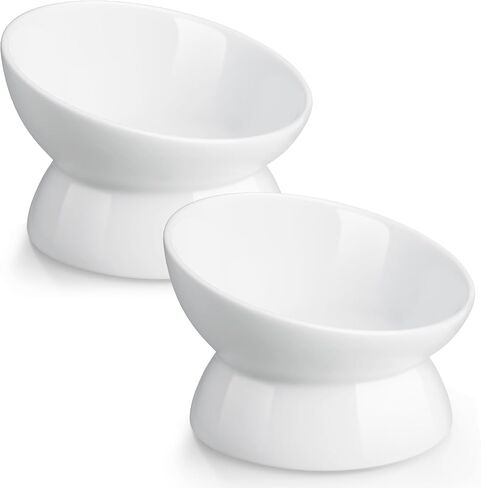 Elevated Cat Bowl, 5 Oz Raised Cat Food and Water Bowl Set for Cats, Ceramic Raised and Tilted Water Bowl, 15°Tilted Stand Anti Vomiting Raised Cat Dishes for Small Cats (White, 5 OZ - 1 Pack) in Kuwait