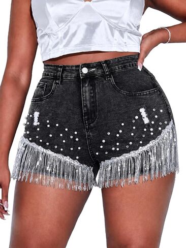 Cyparel Women Summer Denim Shorts High Waisted Ripped Rhinestone Pearl Beaded Fringe Tassels Frayed Raw Hem Blue Jean Shorts in Kuwait