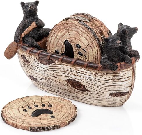 Bear Coasters Set – 6 Full Size Rustic Coasters in Handmade Canoe with Adorable Black Bear Figurines | Black Bear Log Cabin Decorations, Rustic Lodge Decor for The Home in Kuwait