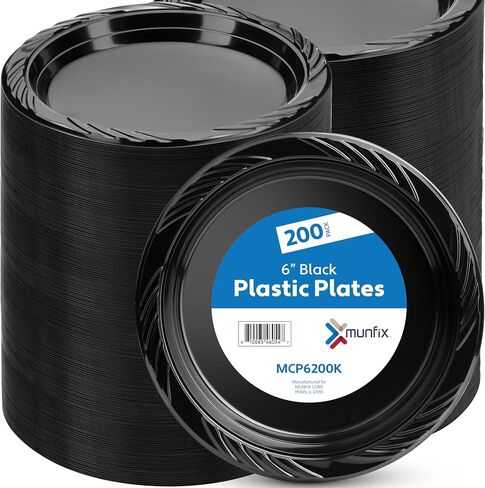 Munfix 6 Inch Black Plastic Plates 200 Bulk Pack - Disposable Cake Dessert Plates for BBQ, Party, Travel and Events, Microwavable Recyclable in Kuwait