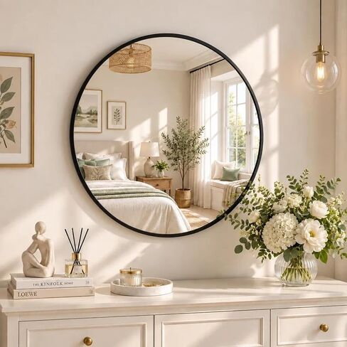BEAUTYPEAK 48 Inch Round Mirror, Metal Frame Circle Mirror, Wall Mounted for Entryway, Bathroom, Vanity, Living Room, Black in Kuwait