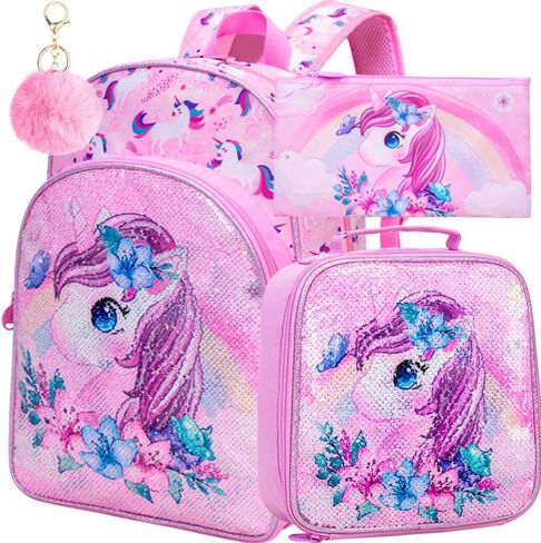 KLFVB 3PCS Unicorn Mermaid Backpack for Girls, 16" Sequin Kids Bookbag and Lunch Box, Preschool Backpacks for Elementary in Kuwait