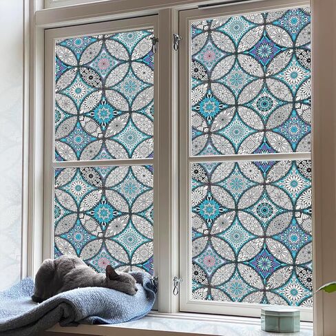 Blue Window Privacy Film Decorative Window Tint Film Stained Glass Window Clings Static Cling Decorative Window Film Sun Blocking Heat Control Window Covering Film for Home in Kuwait
