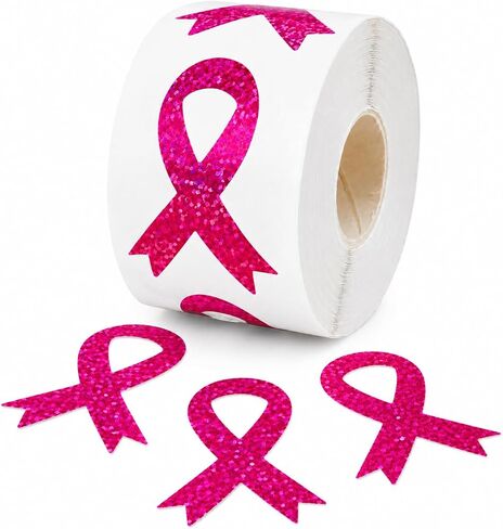 Breast Cancer Awareness Stickers Roll, Pink Ribbon Glitter Decals Support in Kuwait
