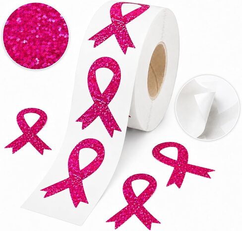 Breast Cancer Awareness Stickers Roll, Pink Ribbon Glitter Decals Support in Kuwait