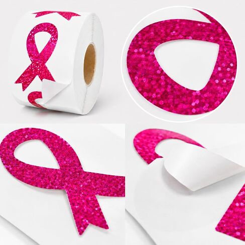 Breast Cancer Awareness Stickers Roll, Pink Ribbon Glitter Decals Support in Kuwait