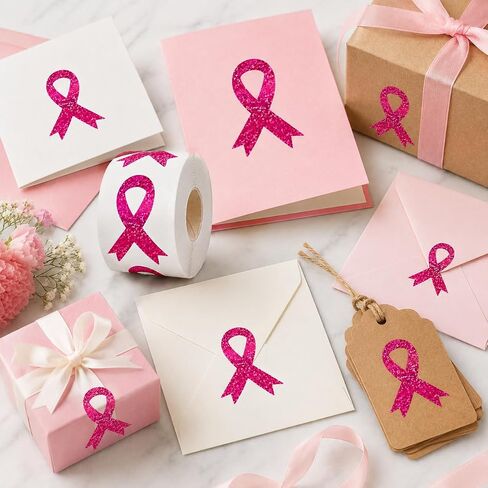 Breast Cancer Awareness Stickers Roll, Pink Ribbon Glitter Decals Support in Kuwait