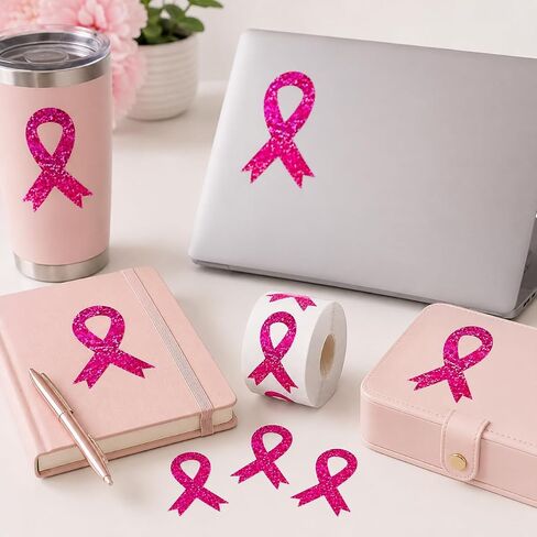 Breast Cancer Awareness Stickers Roll, Pink Ribbon Glitter Decals Support in Kuwait