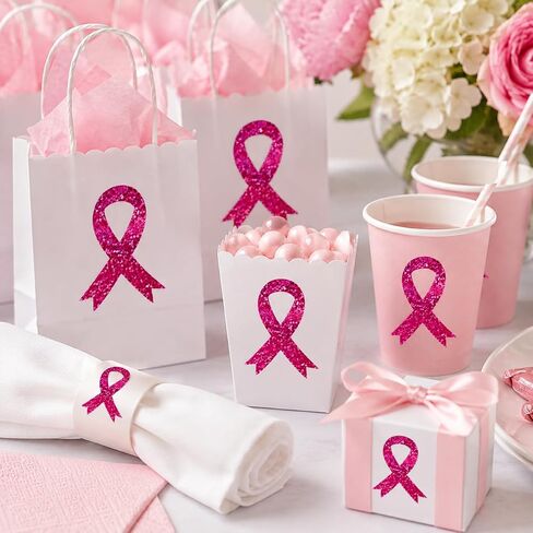 Breast Cancer Awareness Stickers Roll, Pink Ribbon Glitter Decals Support in Kuwait