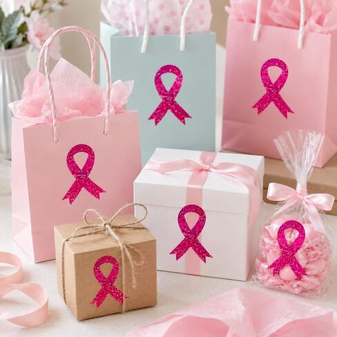 Breast Cancer Awareness Stickers Roll, Pink Ribbon Glitter Decals Support in Kuwait