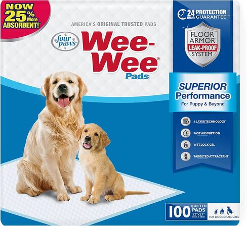 Four Paws Wee-Wee Superior Performance Unscented Pee Pads for Dogs & Puppies, Quilted Leak-Proof Dog Housebreaking Potty Training Floor Protection, 22" x 23", 100 Count in Saudi Arabia