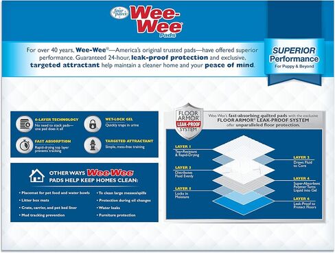 Four Paws Wee-Wee Superior Performance Unscented Pee Pads for Dogs & Puppies, Quilted Leak-Proof Dog Housebreaking Potty Training Floor Protection, 22" x 23", 100 Count in Saudi Arabia