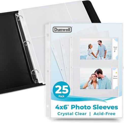 Dunwell Photo Album Refill Pages - (4x6 Horizontal, 25 Pack) for 100 Photos, 3-Ring Binder Photo Pockets, Each Photo Page Holds Four 4 x 6 Pictures, Postcard Sleeves, Archival Photo Sleeves 4x6 in Kuwait