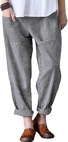 Minibee Women's Wide Leg Harem Pants Cotton Linen Striped Casual Palazzo Pants with Pockets in Saudi Arabia