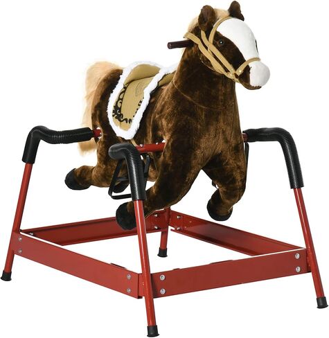 Qaba Kids Spring Rocking Horse, Ride on Horse for Girls and Boys with Animal Sounds, Plush Horse Ride-on with Soft Feel, Interactive Toy for Kids in Kuwait