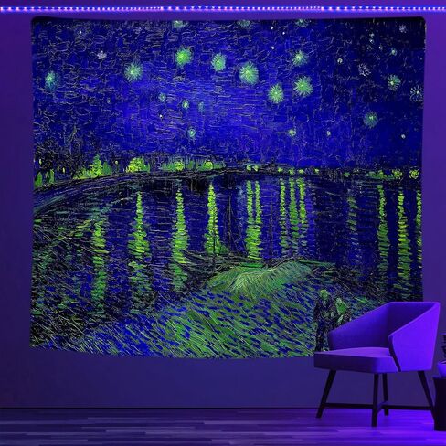 Psyhilar Van Gogh نسيج أسود للأشعة فوق البنفسجية لغرفة النوم، ملصقات إضاءة سوداء بخلفية ليلية مرصعة بالنجوم للبالغين والمراهقين (59 × 51 بوصة) in Kuwait