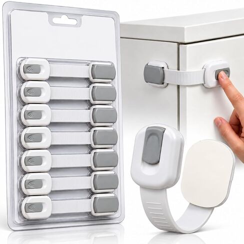 Child Safety Strap Locks (10 Pack) Baby Locks for Cabinets and Drawers, Toilet, Fridge & More. 3M Adhesive Pads. Easy Installation, No Drilling Required, White/Gray in Kuwait