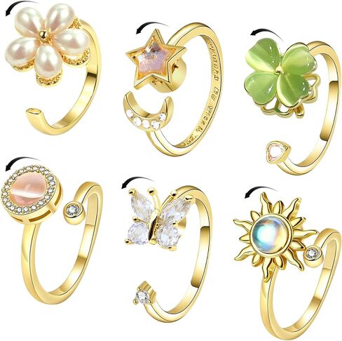 6Pcs Fidget Anxiety Rings for Women, Golden Open Adjustable Spinner Rings for Anxiety, Stress Relief Rotating Rings with Butterfly Sun Star Flower Four-Leaf Clover Designs, Fidget Jewelry for Women in Kuwait