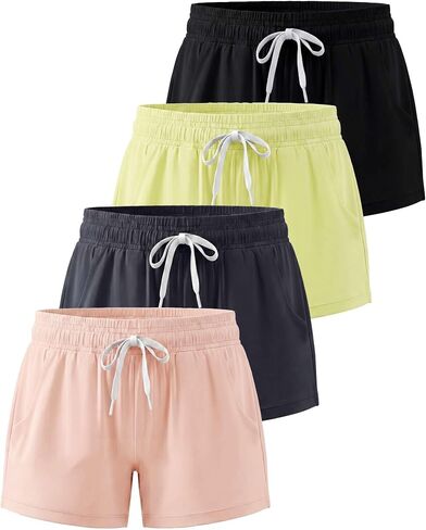 Real Essentials 4 Pack: Girls Athletic Performance Dry-Fit Running Shorts with Drawstring & Pockets in Kuwait