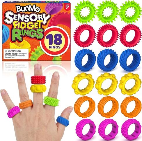 BunMo Fidget Rings – Sensory Rings for Kids, 18 Pack Silicone Ring Fidget Set with 6 Textures – Colorful Fidget Ring for Kids, Ring Fidget Toys for Classroom, Travel & Play – Ages 3+ in Saudi Arabia