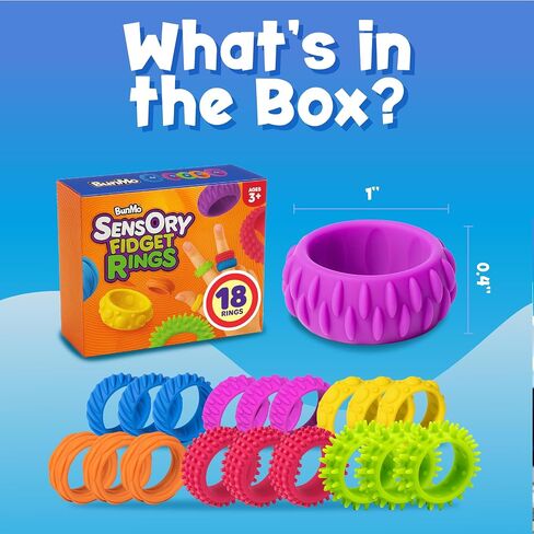 BunMo Fidget Rings – Sensory Rings for Kids, 18 Pack Silicone Ring Fidget Set with 6 Textures – Colorful Fidget Ring for Kids, Ring Fidget Toys for Classroom, Travel & Play – Ages 3+ in Saudi Arabia