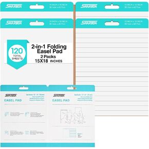 Sticky Easel Pad, 15 in x 18 in,2-in-1 Folding Chart Paper,Sticky Chart Paper for Teachers, Self-Stick Easel Paper,Super Sticky & Bleed-Resistant,60 Sheets/Pad,120Sheets,2 Pads in Kuwait