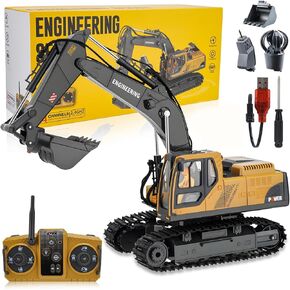 RC Excavator Toy for Boys 3-12, 3-in-1 Bucket/Claw/Drill, 2.4GHz 14 Channel Construction Truck with 680°Rotating, LED Lights/Realistic Sounds, Durable Engineering Vehicle Gift for Boys in Kuwait