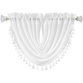 Central Park White Solid Waterfall Valance Window Curtain Linen Texture Rod Pocket with Tassel Accessories for Living and Bedroom Semi Sheer Kitchen Curtain, 56"x38", 1 Piece in Saudi Arabia